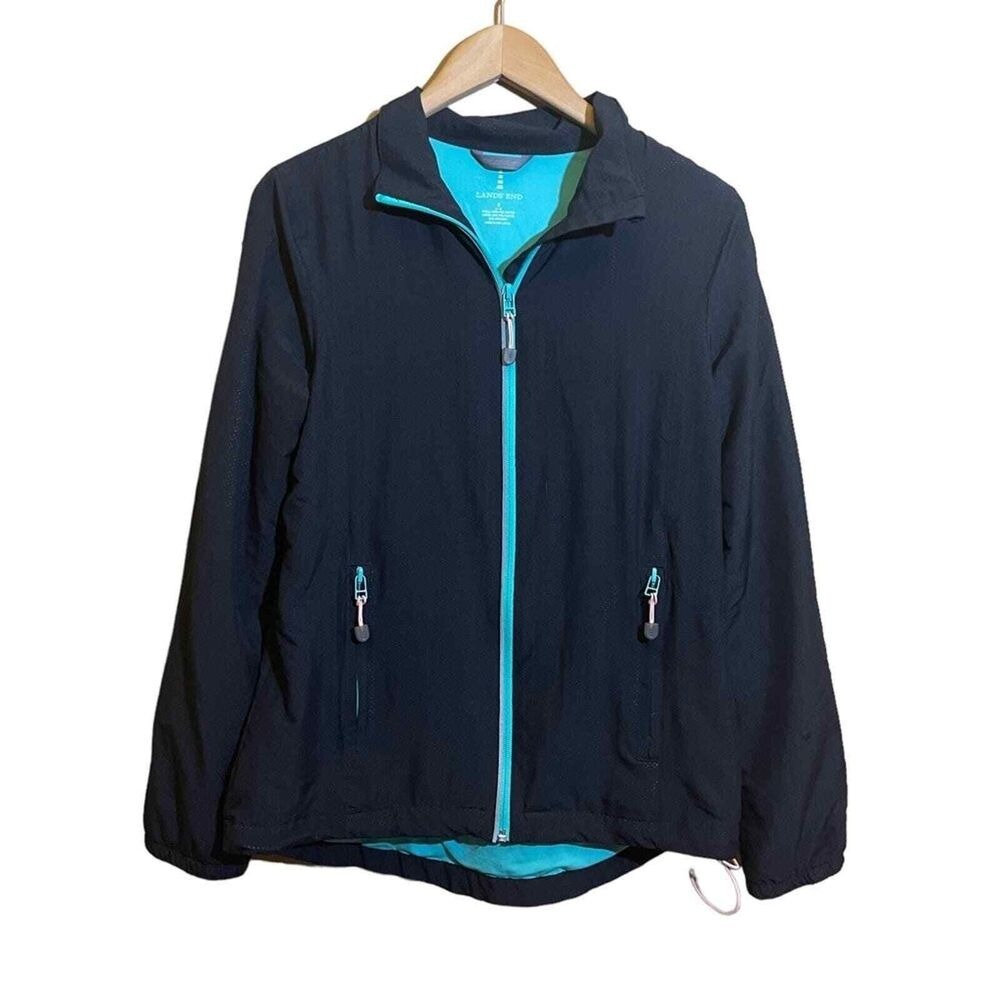 Lands End Womens Full Zip Active Jacket Black Turquoise Small 6-8 Reflective